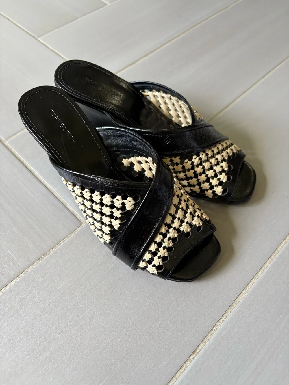Tory Burch Black and Cream Woven Slide Sandals